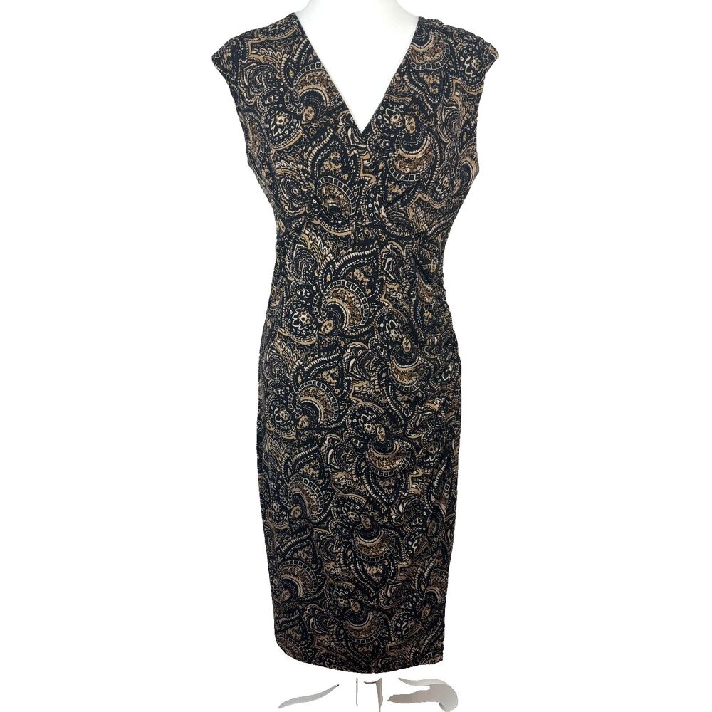 Womens Wrap Sheath Dress Sz 10 Paisley Ruched Neutral Career Party Wedding Guest